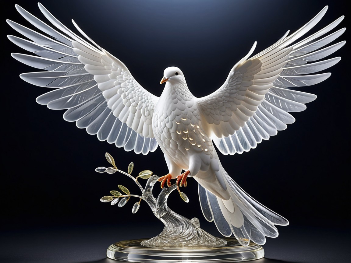 Glass Sculpture of a Dove in Flight on Tree Branch