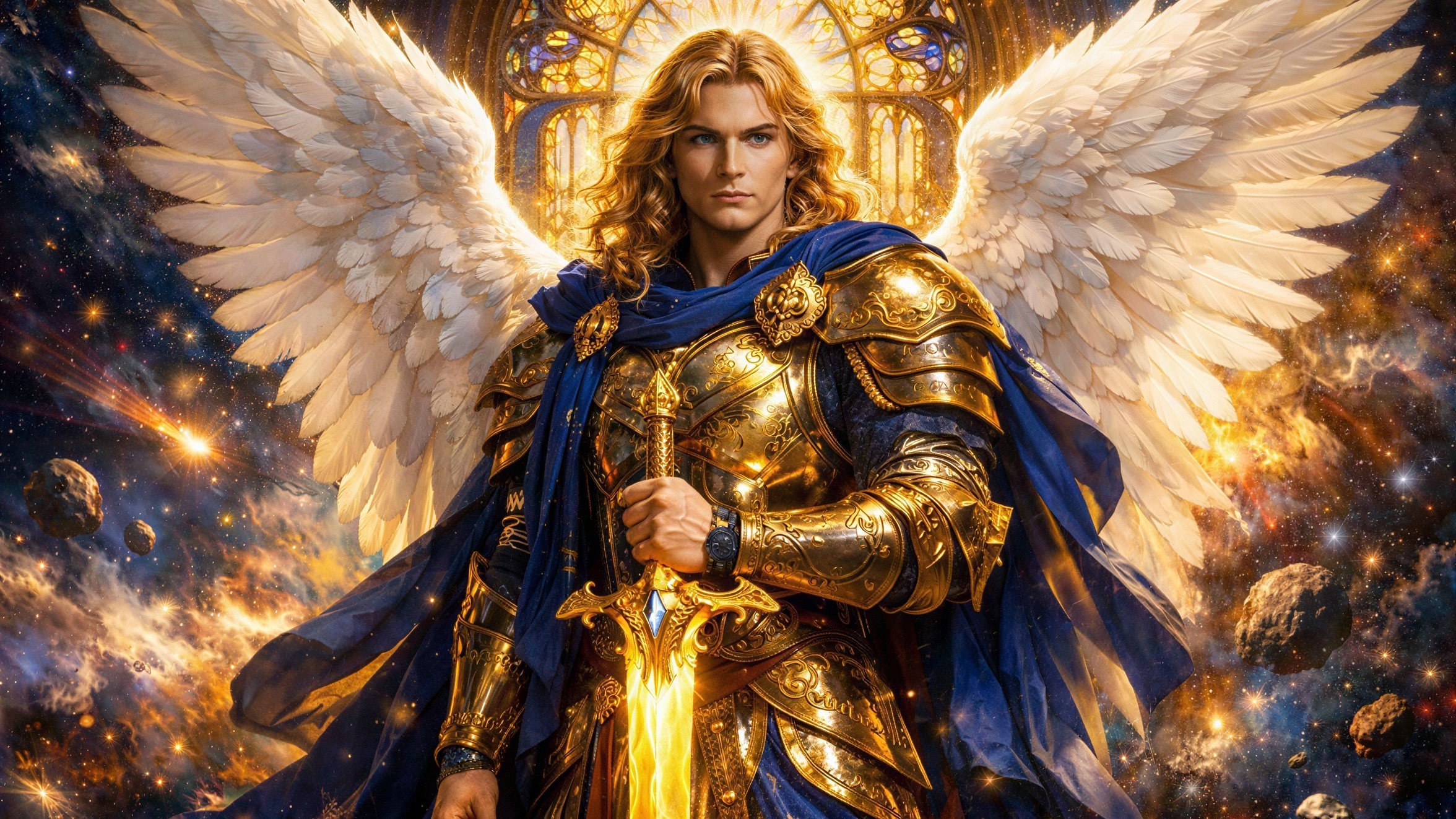 Male Archangel in Golden Armor Against Starry Sky