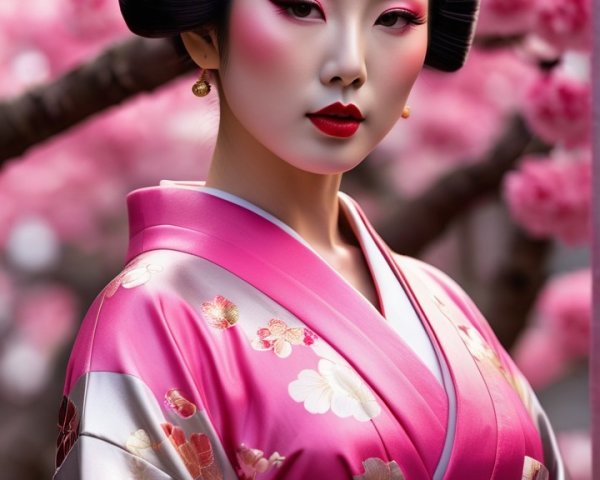 Woman in Pink Kimono Among Cherry Blossoms