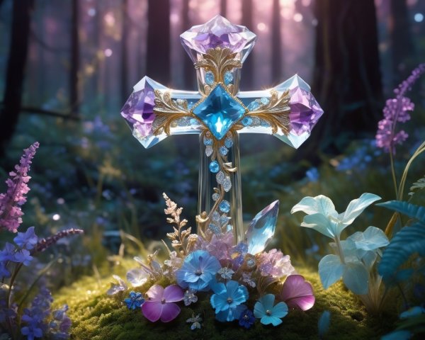 Detailed Fantasy Scene with Gemstone Cross and Flowers