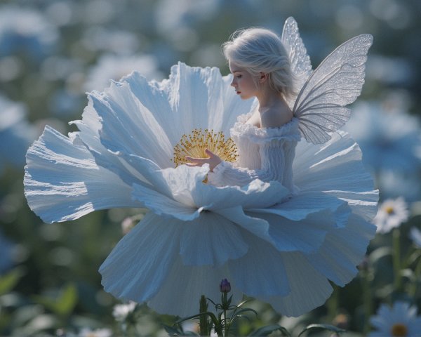 Fantasy Art of a Fairy in a White Poppy Flower