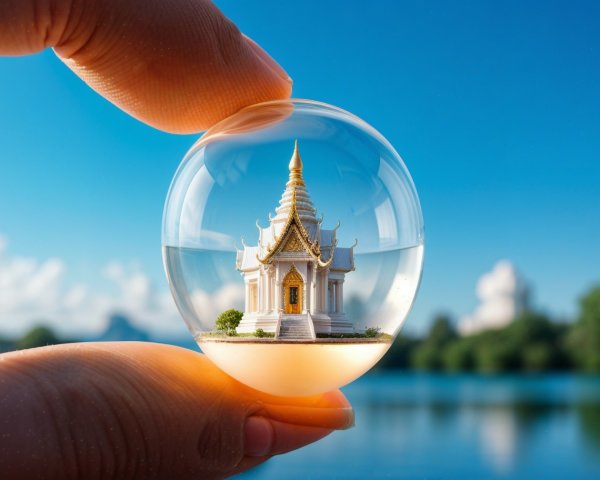 Close-up of a marble with a temple against blue sky