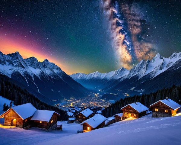 Winter Landscape with Chalets and Starry Sky