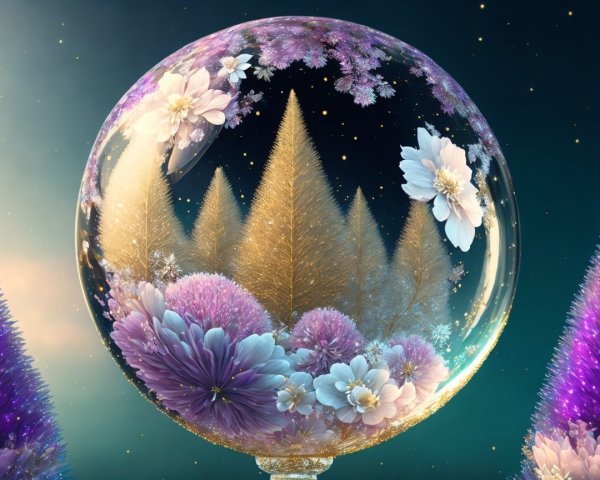 Whimsical Snow Globe with Pastel Flowers and Trees