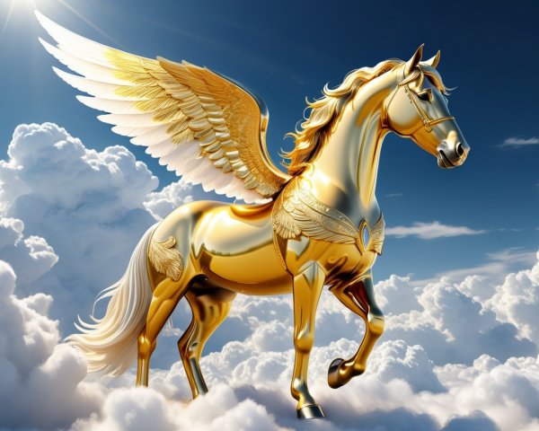 Golden Winged Horse in Fluffy White Clouds
