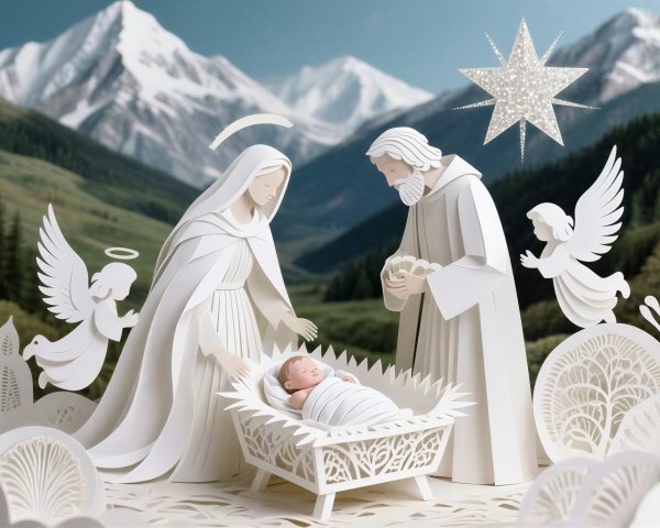 Intricate White Paper Cutout Nativity Scene Design