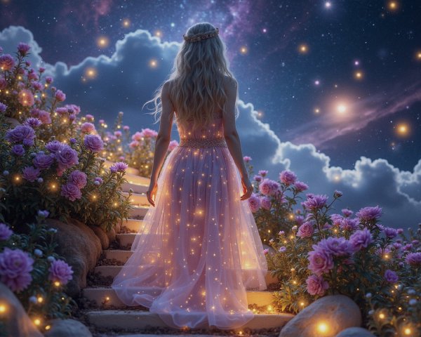 Whimsical Scene of a Woman Ascending Stone Steps