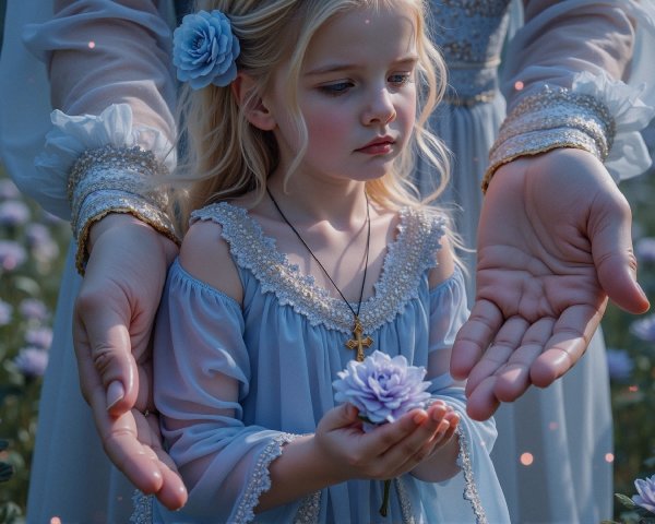 Young Girl with Purple Flower in Serene Floral Setting