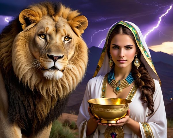 Lion and Woman in Traditional Attire with Dramatic Sky