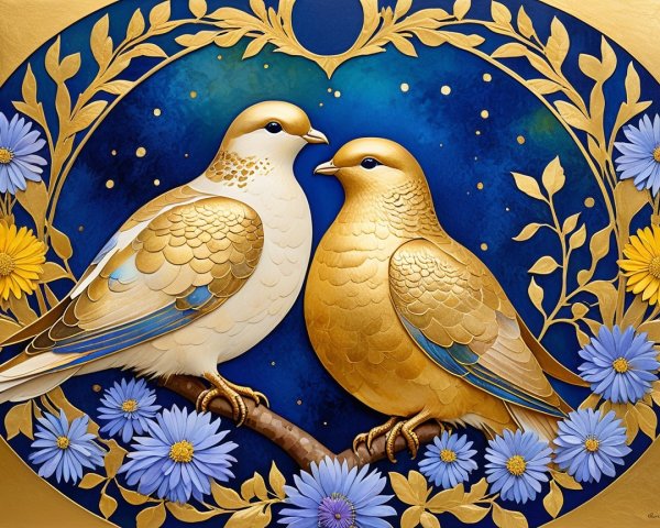 Elegant golden birds on a branch with vibrant foliage