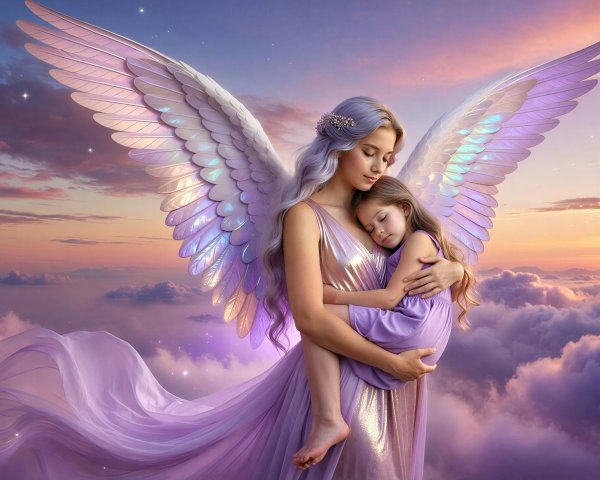 Ethereal Anime Angel Holding Sleeping Child in Gown