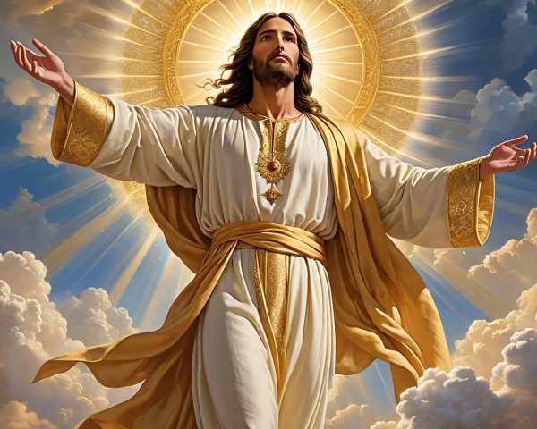 Jesus Christ Figure in White Robe Surrounded by Clouds