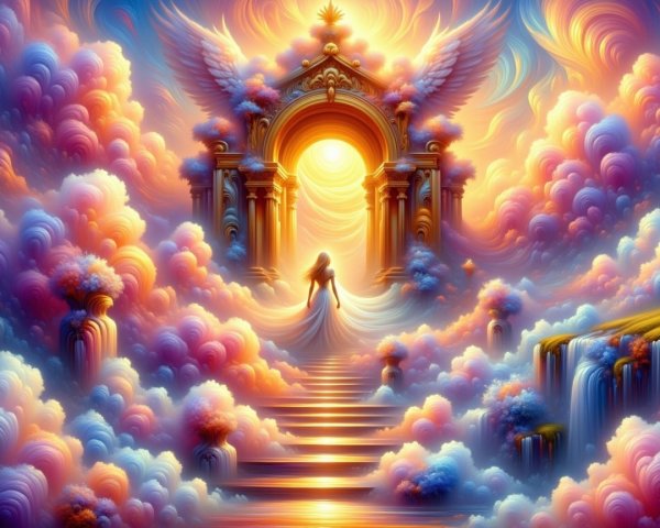 Figure in White Attire Before Radiant Archway and Waterfalls