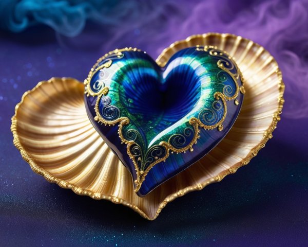 Heart-Shaped Shell on Golden Shell with Purple Background