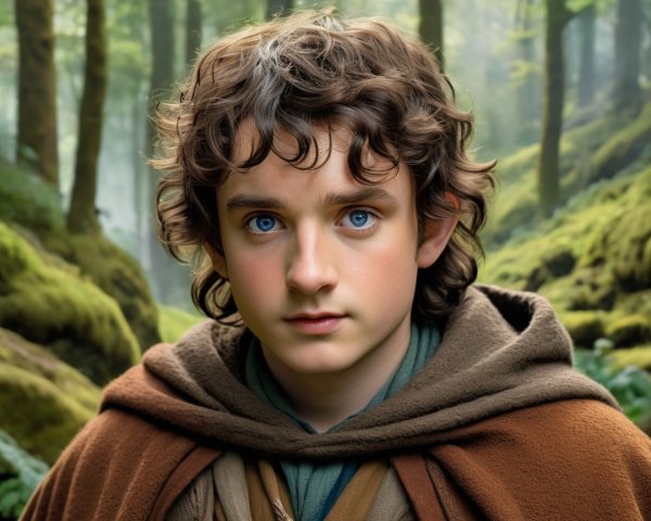 Close-up of a young boy in a brown cloak in a forest