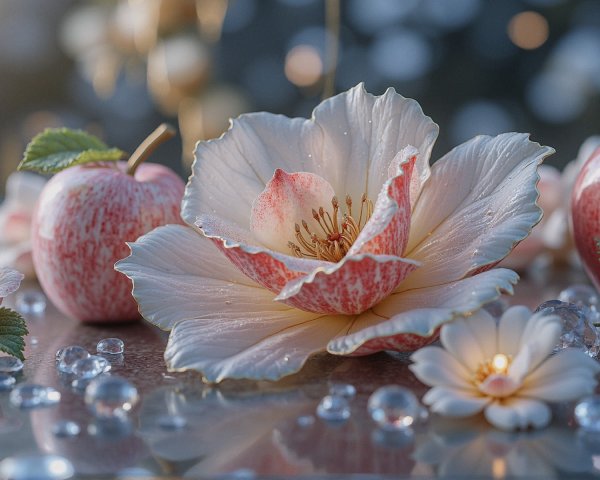 Close-up of Flower, Apple, and Candle on Reflective Surface