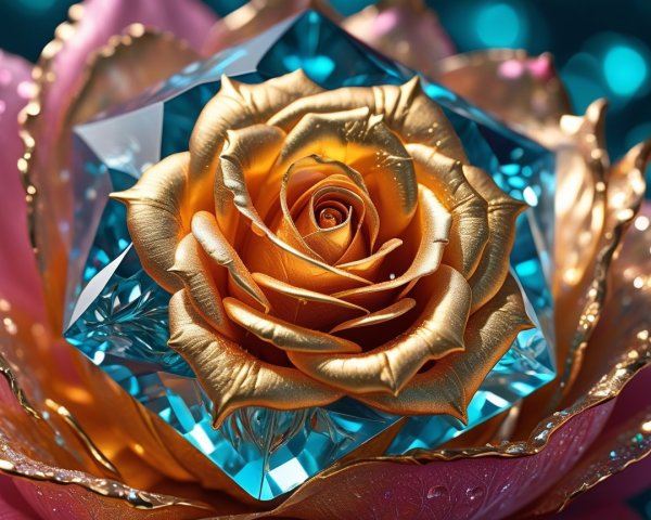 Close-up of a golden rose with cyan diamond accents
