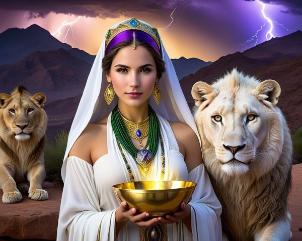 Regal Woman with Lions in a Mountain Landscape