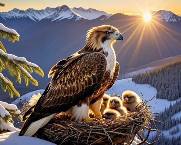 Eagle with Chicks Nesting on Snowy Mountain Peak