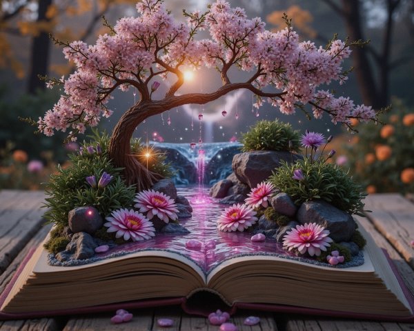 Cherry Blossom Tree and Waterfall in Enchanted Scene