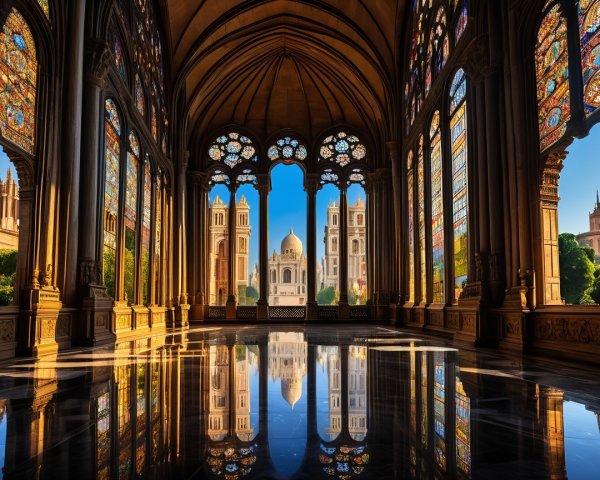 Ornate Interior with Grand Arches and Stained Glass