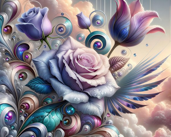 Iridescent Metallic Flowers Against Cotton Candy Clouds