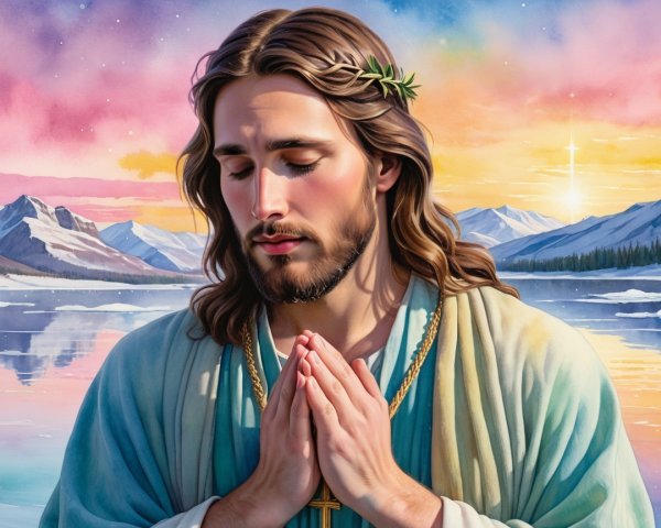 Serene Figure in Prayer with Tranquil Landscape