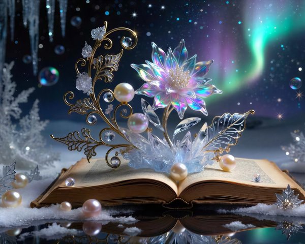Open Book in a Winter Wonderland with Crystal Flower