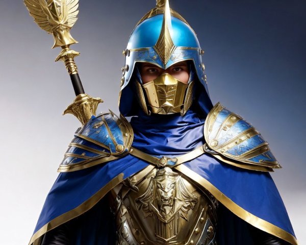 Ornate Blue and Gold Armor Warrior with Spear