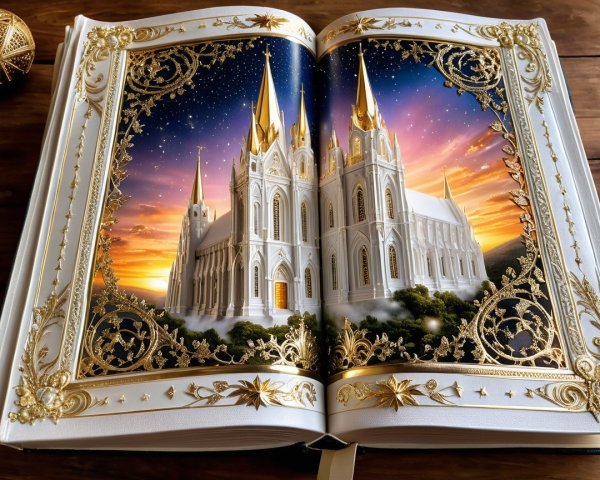 Ornate Book Illustration of a Majestic Castle at Sunset