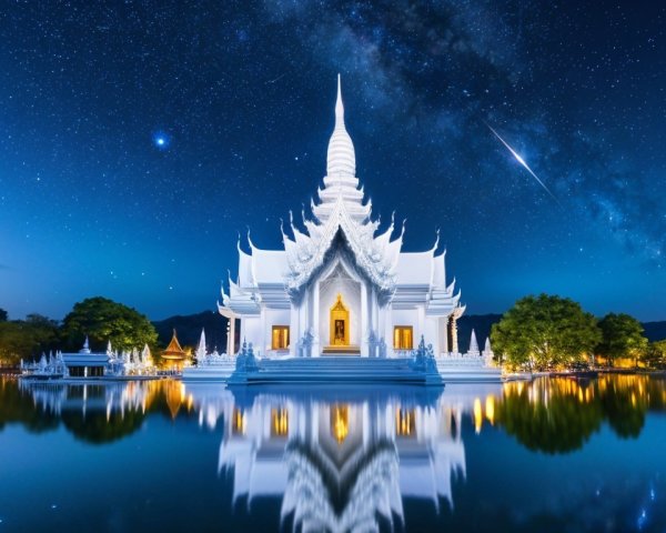 Nighttime Long Exposure of Ornate White Temple Reflection
