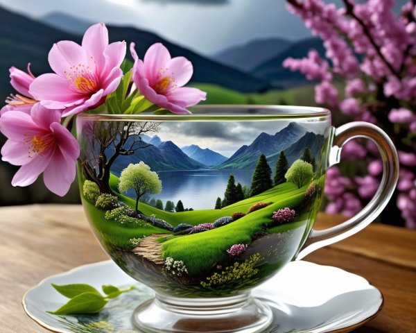 Miniature Magical Landscape in Glass Teacup and Saucer