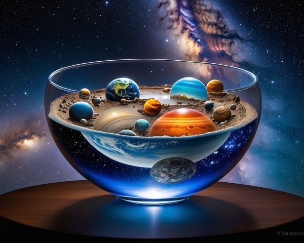 Cosmic Scene with Miniature Planets in Glass Bowl