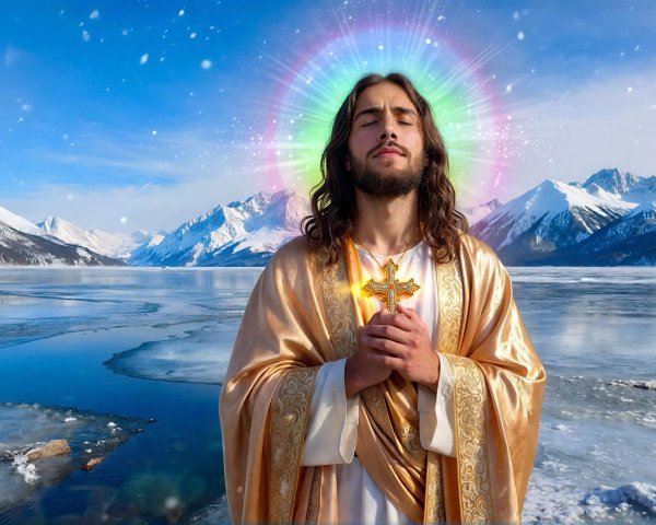 Jesus in Gold Robe with Rainbow Halo by Frozen Lake