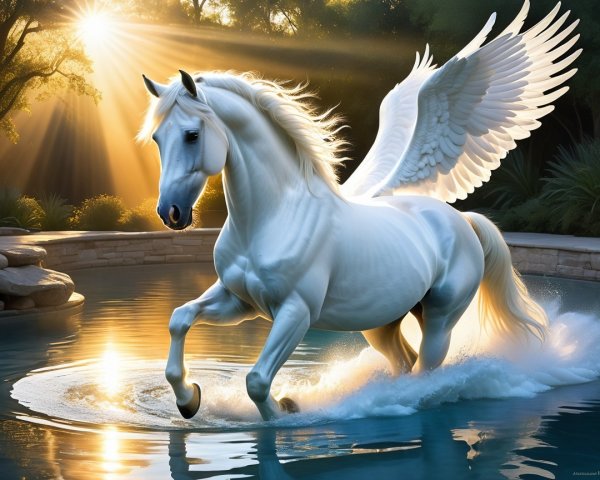 Majestic winged horse splashing in serene pool