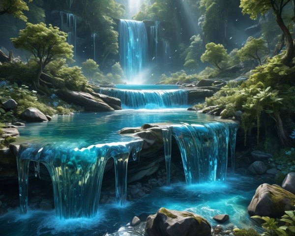 Cascading Waterfalls in a Lush Green Landscape