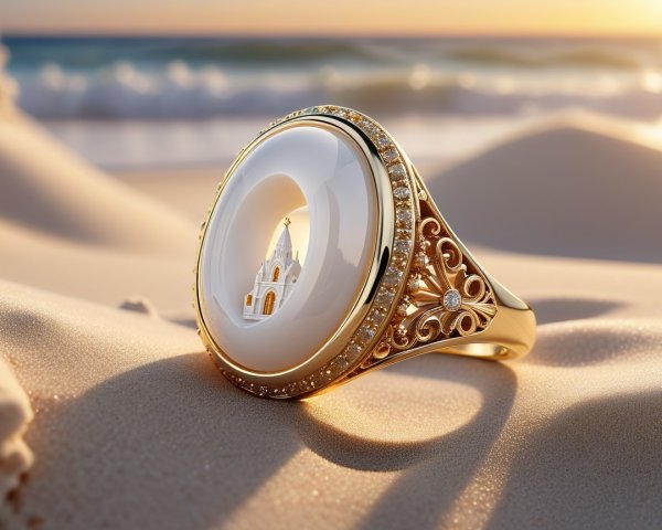 Gold Ring with White Stone and Miniature Temple Design