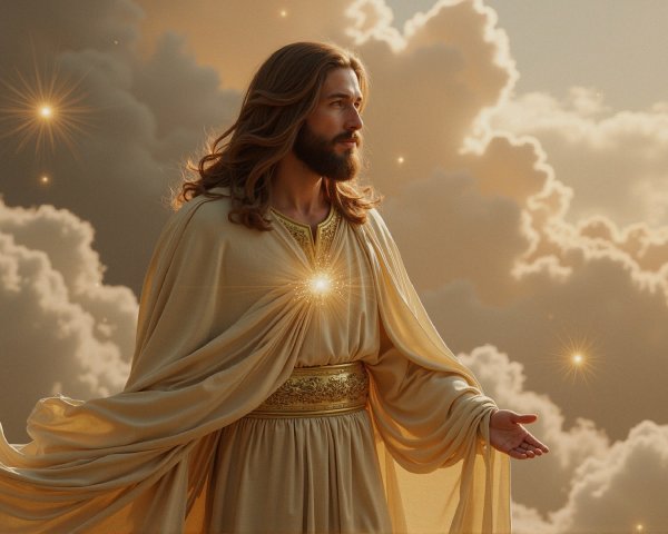 Serene figure in flowing robe amidst radiant clouds