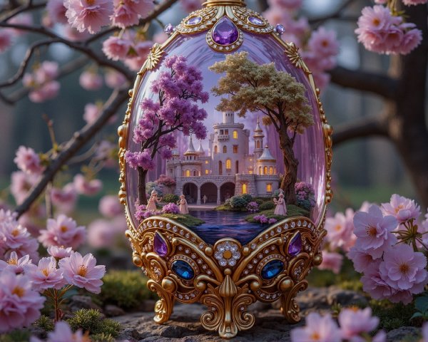 Ornate egg with fairytale castle and cherry blossoms