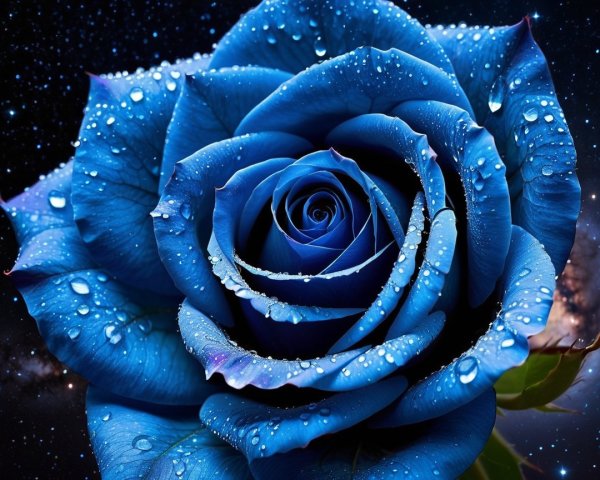 Blue Rose with Water Droplets Against Cosmic Background