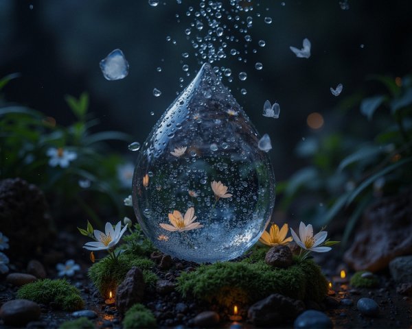 Close-up of Water Droplet on Moss at Night