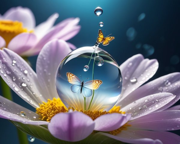 Delicate flower with crystal droplet and butterflies