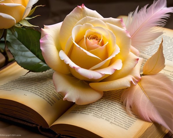 Yellow Rose and Feather on an Open Book