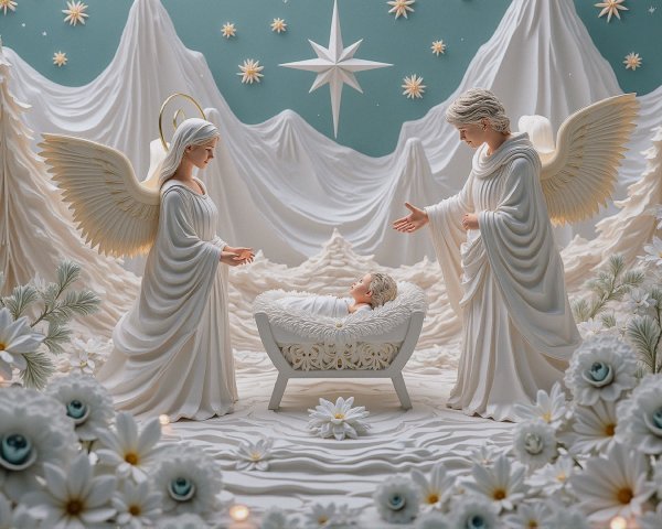 Angels and Baby in White Clay Winter Wonderland Scene