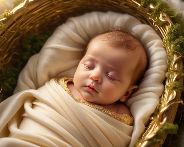 Sleeping Baby in Cream Blanket Nestled in Woven Basket