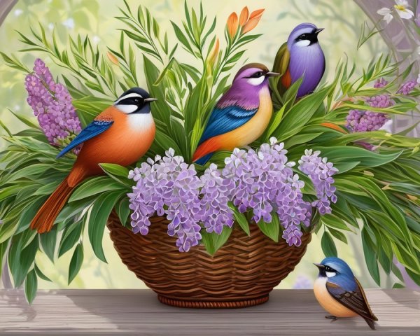 Colorful Birds in a Basket Surrounded by Foliage