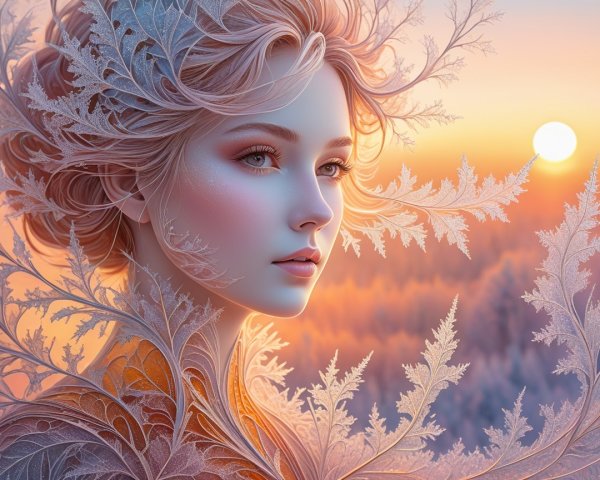 Serene Female Figure with Frost-Like Foliage at Sunset