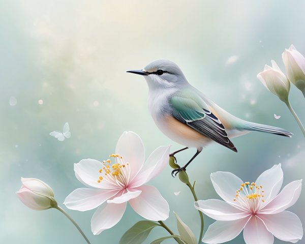 Bird on Flower with Pastel Background and Butterfly