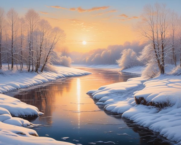 Serene Winter Landscape with Calm River at Sunrise