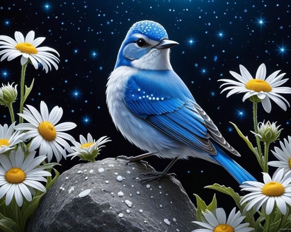 Blue Bird on Gray Rock Surrounded by Daisies at Night